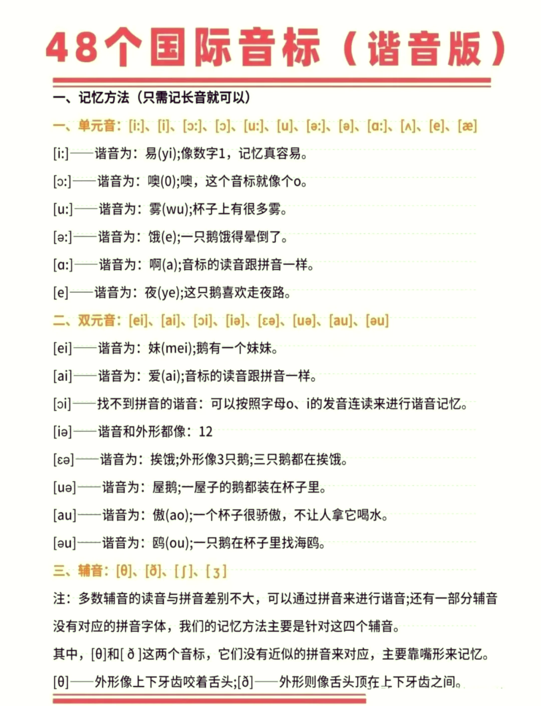 英语48个音标记忆顺口溜