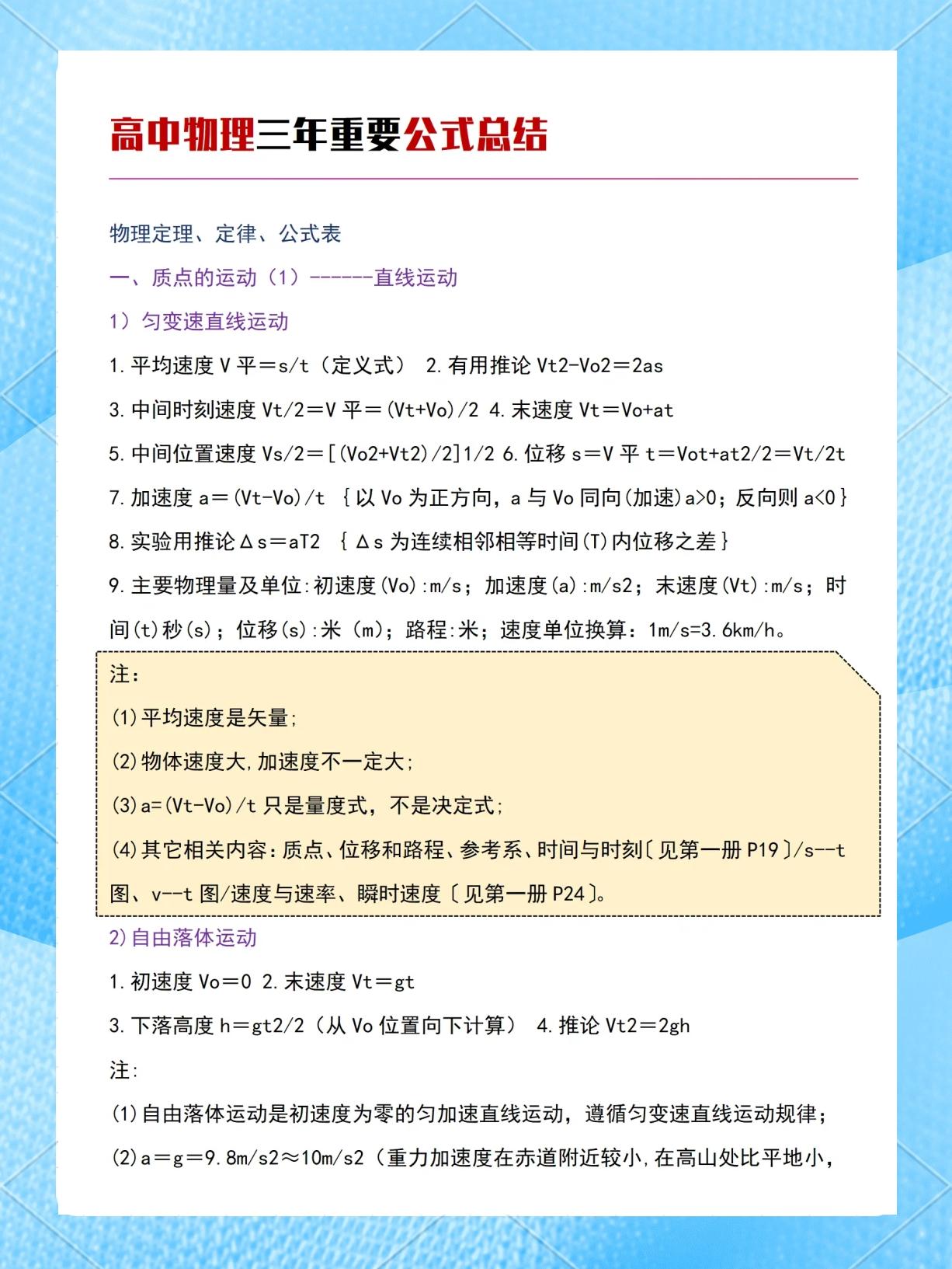 高中物理必修一加速度公式